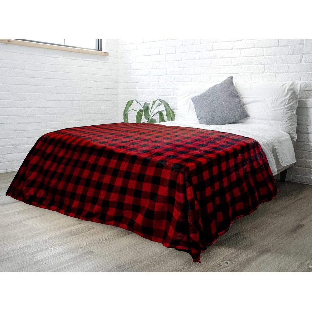 Buffalo Check Plaid Plush Fleece Blanket Throw  Red Black - Picture 2 of 3